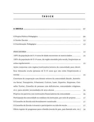 ÍNDICE




A ESCOLA ...............................................................................................             07



O Projeto Político-Pedagógico .............................................................................          09

A Gestão Escolar ..............................................................................................      13

A Coordenação Pedagógica ...............................................................................             13



INDICADORES ...................................................................................................      14

100% da população de 0-14 anos de idade encontram-se matriculados ...............                                    14

100% da população de 0-14 anos, da região atendida pela escola, freqüentam as

aulas regularmente ............................................................................................      15

Ações conjuntas com órgãos/instituições/setores da comunidade para identi-

ficar demanda oculta (pessoas de 0-14 anos que não estão freqüentando a

escola) ..........................................................................................................   15

Convênios de cooperação com demais setores da comunidade (Saúde, Assistên-

cia Social, Transportes, Urbanismo, Cultura, Lazer, Esportes, Empresas, Con-

selho Tutelar, Conselho de pessoas com deficiências, comunidades religiosas,

etc.), para atender necessidades de seus alunos ...............................................                      16

Projetos em parceria com instituições financiadoras da comunidade ..................                                 16

Participação da comunidade no cotidiano da instituição, por meio de projetos .........                               17

O Conselho de Escola está formalmente constituído ...........................................                        17

O Conselho de Escola é atuante e participativo na vida da escola ........................                            17

Oferta regular de programas para a família (escola de pais, pais fazendo arte, etc.)                                 18
 