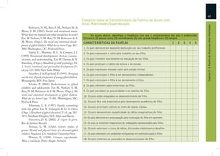 47
                                                              Checklist sobre as Características da Família do Aluno com
                                                              Altas Habilidades/Superdotação




                                                                                                                                                                 Capítulo 2: A Família do Aluno com Altas Habilidades
       Robinson, N. M., Reis, S. M., Neihart, M. &
Moon, S. M. (2002). Social and emotional issues:
What have we learned and what should we do now?                     Na escala abaixo, identifique a freqüência com que o comportamento dos pais é evidenciado:
Em M. Neihart, S. M. Reis, N. M. Robinson & S.                (1) nunca; (2) poucas vezes; (3) normalmente; (4) com grande freqüência e (5) sempre.
M. Moon. (Orgs.), The social and emotional develo-            CARACTERÍSTICAS DA FAMÍLIA                                                     1   2   3   4   5
pment of gifted children. What do we know? (pp. 267-
288). Washington, DC: Prufrock Press.                         1. Os pais demonstram bastante dedicação por seu trabalho profissional.
       Saarni, C., Mumme, D. L. & Campos, J. J.               2. Os pais expressam o valor pelo trabalho ao seu filho.
(1998). Emotional development: Action, commu-
nication, and understanding. Em W. Damon & N.                 3. Os pais investem diariamente na educação de seu filho.
Eisenberg (Orgs.), Handbook of child psychology: Vol.         4. Os pais praticam o hábito da leitura e do estudo.
3. Social, emotional, and personality development (5a.
ed, pp. 237-309). New York: Wiley.                            5. Os pais expressam elevado valor pelo estudo formal.
       Saunders, J. & Espeland, P. (1991). Bringing           6. Os pais encorajam o filho a ter pensamentos independentes.
out the best: A guide for parents of young gifted children.
Minneapolis, MN: Free Spirit.                                 7. Os pais encorajam o filho a ter pensamento crítico.
       Schuler, P. (2002). Perfectionism in gifted            8. Os pais oferecem apoio emocional ao filho.
children and adolescents. Em M. Neihart, S. M.
Reis, N. M. Robinson & S. M. Moon. (Orgs.), The               9. Os pais percebem as precocidades e os talentos do filho.
social and emotional development of gifted children.
                                                              10. Os pais estão engajados no desenvolvimento do filho.
What do we know? (pp. 71-80). Washington, DC:
Prufrock Press.                                               11. Os pais têm alta expectativa pelo desempenho acadêmico do filho.
       Silverman, L. K. (1997). Family counseling
                                                              12. Os pais priorizam valores ao invés de regras rígidas.
with the gifted. Em N. Colangelo & G. A. Davis
(Orgs.), Handbook of gifted education (2a. ed., pp. 382-      13. Os pais demonstram receptividade às idéias imaginativas do filho.
397). Needham Heights, MA: Allyn and Bacon.
                                                              14. Os pais demonstram preocupação pela motivação do filho em aprender.
       Simonton, D. K. (2002). A origem do gênio.
Rio de Janeiro: Record.                                       15. Os pais se mostram responsivos às indagações apresentadas pelo filho.
       Terman, L. M. (1926). Genetic studies of
                                                              16. Os pais valorizam a troca de idéias, discussões intelectuais e desafios.
genius: Mental and physical traits of a thousand gifted
children. Stanford, CA: Stanford University Press.            17. Os pais oferecem um ambiente enriquecido em estímulos para o filho.
       Winner, E. (1998). Crianças superdotadas.
                                                              18. Os pais mostram-se centrados no desenvolvimento do filho.
Mitos e realidades. Porto Alegre: Artmed.
 