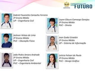 Gabriel Favoretto Camacho Ferreira
3º Ensino Médio
                                     Layon Glauro Camargo Garajau
UP – Engenharia Civil
                                     3º Ensino Médio
                                     PUC – Direito



Jackson Velozo de Lima
3º Ensino Médio                      Jean Godoi Graebin
PUC – Educação Física                3º Ensino Médio
                                     UP – Sistema de Informação



João Pedro Amaro Andrade             Letícia Felizari de Paula
3º Ensino Médio                      3º Ensino Médio
UP – Engenharia Civil                PUC – Design Gráfico
PUC – Engenharia Ambiental
 