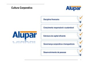 5
Cultura Corporativa
Disciplina financeira
Crescimento responsável e sustentável
Estrutura de capital eficiente
Governança corporativa e transparência
Desenvolvimento de pessoas
 