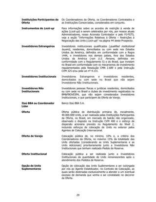 Instituições Participantes da   Os Coordenadores da Oferta, os Coordenadores Contratados e
Oferta                          as Instituições Consorciadas, considerados em conjunto.

Instrumentos de Lock-up         Para informações sobre os acordos de restrição à venda de
                                ações (Lock-up) a serem celebrados por nós, por nossos atuais
                                Administradores, nosso Acionista Controlador e pelo FI-FGTS,
                                veja a seção “Informações Relativas à Oferta – Restrições à
                                Negociação das Units (Lock-up)” na página 44 deste Prospecto.

Investidores Estrangeiros       Investidores institucionais qualificados (qualified institutional
                                buyers), residentes, domiciliados ou com sede nos Estados
                                Unidos da América, definidos em conformidade com a Regra
                                144A, e investidores nos demais países, fora dos Estados
                                Unidos da América (non U.S. Persons, definidos em
                                conformidade com o Regulamento S) e do Brasil, que invistam
                                no Brasil em conformidade com os mecanismos de investimento
                                regulamentados pela Resolução CMN 2.689 e pela Instrução
                                CVM 325 e/ou pela Lei nº 4.131.

Investidores Institucionais     Investidores   Estrangeiros     e investidores        residentes,
                                domiciliados ou com sede no Brasil que               não sejam
                                Investidores Não Institucionais.

Investidores Não                Investidores pessoas físicas e jurídicas residentes, domiciliados
Institucionais                  ou com sede no Brasil e clubes de investimento registrados na
                                BM&FBOVESPA, que não sejam considerados Investidores
                                Institucionais, e que participem da Oferta de Varejo.

Itaú BBA ou Coordenador         Banco Itaú BBA S.A.
Líder

Oferta                          Oferta pública de distribuição primária de, inicialmente,
                                40.000.000 Units, a ser realizada pelas Instituições Participantes
                                da Oferta, no Brasil, em mercado de balcão não organizado,
                                observado o disposto na Instrução CVM 400 e o esforço de
                                dispersão acionária previsto no Regulamento do Nível 2,
                                incluindo esforços de colocação de Units no exterior pelos
                                Agentes de Colocação Internacional.

Oferta de Varejo                Colocação pública de, no mínimo, 10% e, a critério dos
                                Coordenadores da Oferta, no máximo 15% da totalidade das
                                Units ofertadas (considerando as Units Suplementares e as
                                Units Adicionais) prioritariamente junto a Investidores Não
                                Institucionais que tenham realizado Pedido de Reserva.

Oferta Institucional            Colocação pública a ser realizada junto a Investidores
                                Institucionais da quantidade de Units remanescentes após o
                                atendimento dos Pedidos de Reserva.

Opção de Units                  Opção de colocação das Units Suplementares a ser outorgada
Suplementares                   por nós ao Agente Estabilizador, no Contrato de Colocação, as
                                quais serão destinadas exclusivamente a atender a um eventual
                                excesso de demanda que venha a ser constatado no decorrer
                                da Oferta.




                                             29
 