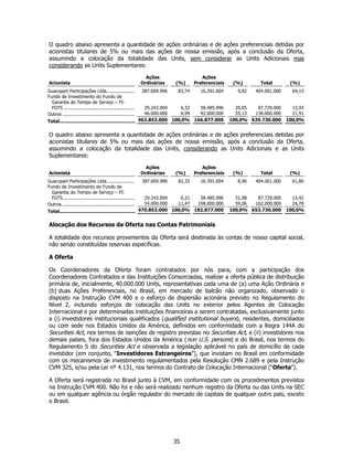 O quadro abaixo apresenta a quantidade de ações ordinárias e de ações preferenciais detidas por
acionistas titulares de 5% ou mais das ações de nossa emissão, após a conclusão da Oferta,
assumindo a colocação da totalidade das Units, sem considerar as Units Adicionais mas
considerando as Units Suplementares:

                                                                Ações                   Ações
Acionista                                                     Ordinárias    (%)      Preferenciais    (%)        Total        (%)
Guarupart Participações Ltda. ...................             387.609.996    83,74     16.391.004       9,82   404.001.000     64,15
Fundo de Investimento do Fundo de
  Garantia do Tempo de Serviço – FI-
  FGTS ...................................................   29.243.004   6,32  58.485.996             35,05  87.729.000       13,93
Outros ....................................................  46.000.000   9,94  92.000.000             55,13 138.000.000       21,91
Total .................................................... 462.853.000 100,0% 166.877.000            100,0% 629.730.000      100,0%


O quadro abaixo apresenta a quantidade de ações ordinárias e de ações preferenciais detidas por
acionistas titulares de 5% ou mais das ações de nossa emissão, após a conclusão da Oferta,
assumindo a colocação da totalidade das Units, considerando as Units Adicionais e as Units
Suplementares:

                                                                Ações                   Ações
Acionista                                                     Ordinárias    (%)      Preferenciais    (%)        Total        (%)
Guarupart Participações Ltda. ...................             387.609.996    82,32     16.391.004       8,96   404.001.000     61,80
Fundo de Investimento do Fundo de
  Garantia do Tempo de Serviço – FI-
  FGTS ...................................................   29.243.004   6,21  58.485.996             31,98  87.729.000       13,42
Outros ....................................................  54.000.000  11,47 108.000.000             59,06 162.000.000       24,78
Total .................................................... 470.853.000 100,0% 182.877.000            100,0% 653.730.000      100,0%


Alocação dos Recursos da Oferta nas Contas Patrimoniais

A totalidade dos recursos provenientes da Oferta será destinada às contas de nosso capital social,
não sendo constituídas reservas específicas.

A Oferta

Os Coordenadores da Oferta foram contratados por nós para, com a participação dos
Coordenadores Contratados e das Instituições Consorciadas, realizar a oferta pública de distribuição
primária de, inicialmente, 40.000.000 Units, representativas cada uma de (a) uma Ação Ordinária e
(b) duas Ações Preferenciais, no Brasil, em mercado de balcão não organizado, observado o
disposto na Instrução CVM 400 e o esforço de dispersão acionária previsto no Regulamento do
Nível 2, incluindo esforços de colocação das Units no exterior pelos Agentes de Colocação
Internacional e por determinadas instituições financeiras a serem contratadas, exclusivamente junto
a (i) investidores institucionais qualificados (qualified institutional buyers), residentes, domiciliados
ou com sede nos Estados Unidos da América, definidos em conformidade com a Regra 144A do
Securities Act, nos termos de isenções de registro previstas no Securities Act, e (ii) investidores nos
demais países, fora dos Estados Unidos da América (non U.S. persons) e do Brasil, nos termos do
Regulamento S do Securities Act e observada a legislação aplicável no país de domicílio de cada
investidor (em conjunto, “Investidores Estrangeiros”), que invistam no Brasil em conformidade
com os mecanismos de investimento regulamentados pela Resolução CMN 2.689 e pela Instrução
CVM 325, e/ou pela Lei nº 4.131, nos termos do Contrato de Colocação Internacional (“Oferta”).

A Oferta será registrada no Brasil junto à CVM, em conformidade com os procedimentos previstos
na Instrução CVM 400. Não foi e não será realizado nenhum registro da Oferta ou das Units na SEC
ou em qualquer agência ou órgão regulador do mercado de capitais de qualquer outro país, exceto
o Brasil.




                                                                            35
 