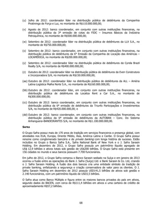 (u) Julho de 2012: coordenador líder na distribuição pública de debêntures da Companhia
    Piratininga de Força e Luz, no montante de R$110.000.000,00;

(v) Agosto de 2012: banco coordenador, em conjunto com outras instituições financeiras, na
    distribuição pública da 3ª emissão de cotas do FIDC – Insumos Básicos da Indústria
    Petroquímica, no montante de R$500.000.000,00;

(w) Setembro de 2012: coordenador líder na distribuição pública de debêntures da LLX S.A., no
    montante de R$750.000.000,00;

(x) Setembro de 2012: banco coordenador, em conjunto com outras instituições financeiras, na
    distribuição pública de debêntures da 6° Emissão da Companhia de Locação das Américas –
    LOCAMÉRICA, no montante de R$200.000.000,00;

(y) Setembro de 2012: coordenador líder na distribuição pública de debêntures da Cyrela Brazil
    Realty S/A, no montante de R$400.000.000,00;

(z) Outubro de 2012: coordenador líder na distribuição pública de debêntures da Even Construtora
    e Incorporadora S/A, no montante de R$150.000.000,00;

(aa) Outubro de 2012: coordenador líder na distribuição pública de debêntures da ALL – Améria
     Latina Logística Malha Norte S.A., no montante de R$160.000.000,00;

(bb) Outubro de 2012: coordenador líder, em conjunto com outras instituições financeiras, na
     distribuição pública de debêntures da Localiza Rent a Car S.A., no montante de
     R$300.000.000,00;

(cc) Outubro de 2012: banco coordenador, em conjunto com outras instituições financeiras, na
     distribuição pública da 6ª emissão de debêntures da Triunfo Participações e Investimentos
     S/A, no montante de R$420.000.000,00; e

(dd) Outubro de 2012: banco coordenador, em conjunto com outras instituições financeiras, na
     distribuição pública da 6ª emissão de debêntures da AUTOBAN – Conc. Do Sistema
     Anhanguera–BANDEIRANTES S/A, no montante de R$1.100.000.000,00.

SAFRA

O Grupo Safra possui mais de 170 anos de tradição em serviços financeiros e presença global, com
atividades nos EUA, Europa, Oriente Médio, Ásia, América Latina e Caribe. O Grupo Safra possui
renome como conglomerado bancário e de private banking com longa história de sucesso. Estão
incluídos no Grupo o Banco Safra S.A., Safra National Bank of New York e o J. Safra Sarasin
Holding. Em dezembro de 2012, o Grupo Safra possuía um patrimônio líquido agregado de
US$ 12,9 bilhões e ativos totais sob gestão de US$200 bilhões. O Grupo Safra está presente em
156 cidades no mundo e seus bancos possuem 7.700 funcionários.

Em julho de 2012, o Grupo Safra comprou o Banco Sarasin sediado na Suíça e em janeiro de 2013
ocorreu a fusão entre as operações do Bank J. Safra (Suíça) Ltd. e Bank Sarasin & Co. Ltd, criando
o J. Safra Sarasin Holding. A fusão dos dois bancos cria uma entidade símbolo da tradição de
private banking, enfatizando a segurança e criação conservadora de valor para os clientes. O J.
Safra Sarasin Holding em dezembro de 2012 possuía USD141,5 bilhões de ativos sob gestão e
2.140 funcionários, com um patrimônio líquido de USD3,5 bilhões.

O Safra atua como Banco Múltiplo e figura entre os maiores bancos privados do país em ativos,
segundo dados do BACEN, com cerca de R$111,4 bilhões em ativos e uma carteira de crédito de
aproximadamente R$57,2 bilhões.




                                               68
 