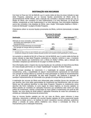 DESTINAÇÃO DOS RECURSOS
Com base no Preço por Unit de R$20,00, que é o ponto médio da faixa de preços indicada na capa
deste Prospecto, estimamos que os recursos líquidos provenientes da Oferta serão de
aproximadamente R$768 milhões, após a dedução das comissões e despesas devidas por nós no
âmbito da Oferta, sem considerar as Units Suplementares e as Units Adicionais, ou de R$1.047
milhões, considerando as Units Suplementares e as Units Adicionais. Para informações detalhadas
acerca das comissões e das despesas da Oferta, veja a Seção “Informações Relativas à Oferta –
Custos de Distribuição” na página 38 deste Prospecto.

Pretendemos utilizar os recursos líquidos provenientes da Oferta, conforme demonstrado na tabela
abaixo:

                                                                           Percentual de alocação
                                                                            dos recursos líquidos
Destinação                                                                   obtidos na Oferta              Valor Estimado(1)(2)
                                                                                                              (em R$ milhões)
Obtenção de novas concessões, autorizações e/ou
 permissões para exploração de novo
 empreendimentos ................................................                   80%                               614,8
Aquisições de empreendimentos de transmissão
 e/ou geração de energia elétrica já existentes .......                             20%                               153,7
Total ..................................................................          100%                               768,5
(1)
      Calculado com base no Preço por Unit de R$20,00, que é o ponto médio da faixa de preços estimada na capa deste Prospecto.
(2)
      Considerando a dedução das comissões e despesas estimadas da Oferta e sem considerar as Units Suplementares e as Units Adicionais.


Um aumento ou redução de R$1,00 no Preço por Unit de R$20,00, que é o ponto médio da faixa de
preços indicada na capa deste Prospecto, aumentaria ou reduziria, conforme o caso, o montante
dos recursos líquidos que receberíamos com a Oferta em R$38,7 milhões, após a dedução das
comissões e despesas que estimamos ter de pagar no âmbito da Oferta.

Para informações sobre o impacto dos recursos líquidos por nós auferidos em decorrência da Oferta
em nossa situação patrimonial, ver a Seção “Capitalização” na página 76 deste Prospecto.

Nossa principal estratégia de crescimento é a implantação de projetos greenfield, porém
consideramos, ainda, a possibilidade de adquirir empreendimentos operacionais de transmissão
e/ou geração de energia elétrica ou aumento de nossa participação no capital de empreendimentos
em que já possuímos participação. Na data deste Prospecto, não avaliamos a aquisição de
quaisquer empreendimentos de transmissão e/ou geração de energia elétrica já existentes.

A destinação dos recursos da Oferta será influenciada pelas condições futuras dos mercados em
que atuamos, bem como pelas oportunidades de investimento que identificarmos, além de outros
fatores que não podemos identificar na data deste Prospecto. Enquanto os investimentos acima
descritos não forem realizados, no curso regular de nossos negócios, os recursos captados na
Oferta poderão ser investidos em aplicações financeiras que acreditamos estar dentro de nossa
política de investimento, visando a preservação do nosso capital e investimentos com perfil de alta
liquidez, tais como títulos de dívida pública e aplicações financeiras de renda fixa contratados ou
emitidos por instituições financeiras de primeira linha.

Caso os recursos líquidos captados por nós, por meio da Oferta, sejam inferiores à nossa
estimativa, reduziremos a aplicação dos recursos líquidos captados de forma proporcional àquela
informada na tabela acima e, na hipótese de serem necessários recursos adicionais, poderemos
efetuar a emissão de outros valores mobiliários e/ou efetuar a contratação de linhas de
financiamento junto a instituições financeiras.




                                                                           74
 