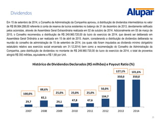 23
Dividendos
Em 15 de setembro de 2014, o Conselho de Administração da Companhia aprovou, à distribuição de dividendos intermediários no valor
de R$ 99.984.288,00 referente à conta de reserva de lucros existentes no balanço de 31 de dezembro de 2013, devidamente ratificado
pelos acionistas, através de Assembleia Geral Extraordinária realizada em 02 de outubro de 2014. Adicionalmente em 05 de março de
2015, o Conselho recomendou a distribuição de R$ 249.960.720,00 do lucro do exercício de 2014, que deverá ser deliberado em
Assembleia Geral Ordinária a ser realizada em 15 de abril de 2015. Assim, considerando a distribuição de dividendos deliberada na
reunião do conselho de administração de 15 de setembro de 2014, (os quais não foram imputados ao dividendo mínimo obrigatório
estatutário relativo aos exercício social encerrado em 31.12.2014) bem como a recomendação do Conselho de Administração da
Companhia, para distribuição de dividendos no montante de R$ 249.960.720,00 do lucro do exercício de 2014, o total de proventos
atingirá R$ 350 milhões, equivalente a R$ 1,68 por Unit.
29,7
82,1
29,1 47,8 47,6
104,7
350,0 350,0
0,0
50,0
100,0
150,0
200,0
250,0
300,0
350,0
2007 2008 2009 2010 2011 2012 2013 2014
Histórico de Dividendos Declarados (R$ milhões) e Payout Ratio (%)
101,6%
88,6%
25,0%25,0% 25,0%
50,0%
100,0%
127,1%
 
