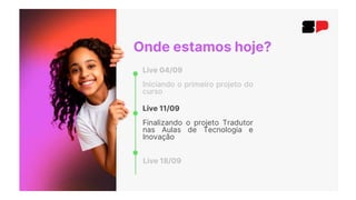 Onde estamos hoje?
Live 04/09
Iniciando o primeiro projeto do
curso
Live 11/09
Finalizando o projeto Tradutor
nas Aulas de Tecnologia e
Inovação
Live 18/09
 