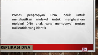 Proses pengcopyan DNA Induk untuk
menghasilkan molekul untuk menghasilkan
molekul DNA anak yang mempunyai urutan
nukleotida yang identik
 