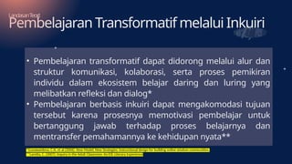 LandasanTeori:
Pembelajaran Transformatif melalui Inkuiri
• Pembelajaran transformatif dapat didorong melalui alur dan
struktur komunikasi, kolaborasi, serta proses pemikiran
individu dalam ekosistem belajar daring dan luring yang
melibatkan refleksi dan dialog*
• Pembelajaran berbasis inkuiri dapat mengakomodasi tujuan
tersebut karena prosesnya memotivasi pembelajar untuk
bertanggung jawab terhadap proses belajarnya dan
mentransfer pemahamannya ke kehidupan nyata**
*Gunawardena, C.N, et al.(2006). New Model, New Strategies: Instructional design for building online wisdom communities.
**Larotta, C. (2007). Inquiry in the Adult Classroom: An ESL Literacy Experience
 