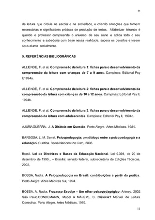 11
11
de leitura que circula na escola e na sociedade, e criando situações que tornem
necessárias e significativas práticas de produção de textos. Alfabetizar letrando é
quando o professor compreende o universo de seu aluno e aplica todo o seu
conhecimento e sabedoria com base nessa realidade, supera os desafios e insere
seus alunos socialmente.
5. REFERÊNCIAS BIBLIOGRÁFICAS
ALLIENDE, F. et al. Compreensão da leitura 1: fichas para o desenvolvimento da
compreensão da leitura com crianças de 7 a 9 anos. Campinas: Editorial Psy
II,1994a.
ALLIENDE, F. et al. Compreensão da leitura 2: fichas para o desenvolvimento da
compreensão da leitura com crianças de 10 a 12 anos. Campinas: Editorial Psy II,
1994b.
ALLIENDE, F. et al. Compreensão da leitura 3: fichas para o desenvolvimento da
compreensão da leitura com adolescentes. Campinas: Editorial Psy II, 1994c.
AJURIAGUERRA, J. A Dislexia em Questão. Porto Alegre, Artes Médicas, 1984.
BARBOSA, L. M. Serrat. Psicopedagogia: um diálogo entre a psicopedagogia e a
educação. Curitiba. Bolsa Nacional do Livro, 2006.
Brasil. Lei de Diretrizes e Bases da Educação Nacional. Lei 9.394, de 20 de
dezembro de 1996... – Brasília: senado federal, subsecretaria de Edições Técnicas,
2002.
BOSSA, Nádia. A Psicopedagogia no Brasil: contribuições a partir da prática.
Porto Alegre: Artes Médicas Sul, 1994.
BOSSA, A. Nadia; Fracasso Escolar – Um olhar psicopedagógico: Artmed, 2002
São Paulo.CONDEMARIN, Mabel & MARLYS, B. Dislexia? Manual de Leitura
Conectiva. Porto Alegre. Artes Médicas, 1989.
 