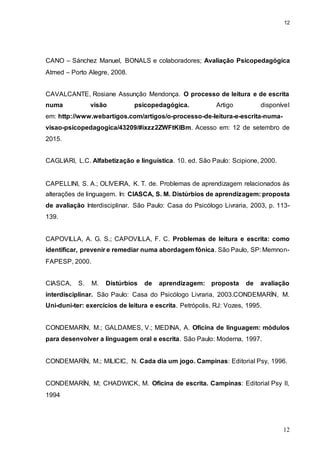 12
12
CANO – Sánchez Manuel, BONALS e colaboradores; Avaliação Psicopedagógica
Atmed – Porto Alegre, 2008.
CAVALCANTE, Rosiane Assunção Mendonça. O processo de leitura e de escrita
numa visão psicopedagógica. Artigo disponível
em: http://www.webartigos.com/artigos/o-processo-de-leitura-e-escrita-numa-
visao-psicopedagogica/43209/#ixzz2ZWFtKlBm. Acesso em: 12 de setembro de
2015.
CAGLIARI, L.C. Alfabetização e linguística. 10. ed. São Paulo: Scipione, 2000.
CAPELLINI, S. A.; OLIVEIRA, K. T. de. Problemas de aprendizagem relacionados às
alterações de linguagem. In: CIASCA, S. M. Distúrbios de aprendizagem: proposta
de avaliação Interdisciplinar. São Paulo: Casa do Psicólogo Livraria, 2003, p. 113-
139.
CAPOVILLA, A. G. S.; CAPOVILLA, F. C. Problemas de leitura e escrita: como
identificar, prevenir e remediar numa abordagem fônica. São Paulo, SP: Memnon-
FAPESP, 2000.
CIASCA, S. M. Distúrbios de aprendizagem: proposta de avaliação
interdisciplinar. São Paulo: Casa do Psicólogo Livraria, 2003.CONDEMARÍN, M.
Uni-duni-ter: exercícios de leitura e escrita. Petrópolis, RJ: Vozes, 1995.
CONDEMARÍN, M.; GALDAMES, V.; MEDINA, A. Oficina de linguagem: módulos
para desenvolver a linguagem oral e escrita. São Paulo: Moderna, 1997.
CONDEMARÍN, M.; MILICIC, N. Cada dia um jogo. Campinas: Editorial Psy, 1996.
CONDEMARÍN, M; CHADWICK, M. Oficina de escrita. Campinas: Editorial Psy II,
1994
 