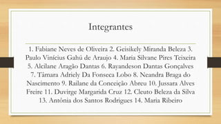 Integrantes
1. Fabiane Neves de Oliveira 2. Geisikely Miranda Beleza 3.
Paulo Vinícius Gahú de Araujo 4. Maria Silvane Pires Teixeira
5. Alcilane Aragão Dantas 6. Rayandeson Dantas Gonçalves
7. Tâmara Adriely Da Fonseca Lobo 8. Neandra Braga do
Nascimento 9. Railane da Conceição Abreu 10. Jussara Alves
Freire 11. Duvirge Margarida Cruz 12. Cleuto Beleza da Silva
13. Antônia dos Santos Rodrigues 14. Maria Ribeiro
 