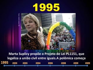 1995
       Foto: André Lessa / AE




 Marta Suplicy propõe o Projeto de Lei PL1151, que
legaliza a união civil entre iguais.A polêmica começa
 