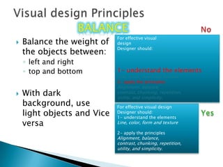 Visual design PrinciplesbalancebalanceNo For effective visualdesignDesigner should:1- understand the elementsLine, color, form and texture2- apply the principlesAlignment, balance,contrast, chunking, repetition, utility, and simplicity.Balance the weight of the objects between:left and right top and bottomWith dark background, use light objects and Vice versaFor effective visual designDesigner should:1- understand the elementsLine, color, form and texture2- apply the principlesAlignment, balance,contrast, chunking, repetition,utility, and simplicity.Yes 