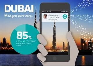 85%
ETISALAT COVERAGE
OF POPULATED
AREAS
4G LTE ETISALAT
Streaming HD
video to John
Armstrong
DUBAI
Wish you were here...
 