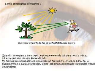 Como enxergamos os objetos  ? Quando  enxergamos um corpo , é porque ele envia luz para nossos olhos,  luz essa que vem de uma fonte de luz. Os corpos luminosos (fontes primárias) são corpos emitentes de luz própria,  outros enviam a luz que recebem,  estes  são chamados corpos iluminados (fonte Secundária) . 