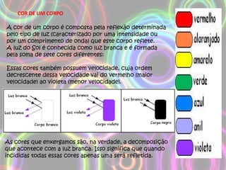 A cor de um corpo é composta pela reflexão determinada pelo tipo de luz (caracterizado por uma intensidade ou por um comprimento de onda) que este corpo reflete. A luz do Sol é conhecida como luz branca e é formada pela soma de sete cores diferentes: Essas cores também possuem velocidade, cuja ordem decrescente dessa velocidade vai do vermelho (maior velocidade) ao violeta (menor velocidade). COR DE UM CORPO As cores que enxergamos são, na verdade, a decomposição que acontece com a luz branca. Isso significa que quando incididas todas essas cores apenas uma será refletida. 
