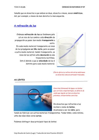 TEMA IX A LUZ. CIENCIAS DA NATUREZA 5º EP
Ceip Rosalía de Castro (Lugo) Traducido de Aula PLaneta 2014/15
tamaño que os obxectos e que ambos os dous, obxecto e imaxe, sexan simétricos.
Así, por exemplo, a imaxe da man dereita é a man esquerda.
A refracción da luz
Chámase refracción da luz ao fenómeno polo
cal un raio de luz cambia a súa dirección de
propagación ao pasar dun medio transparente a
outro.
En cada medio material transparente os raios
de luz propáganse en liña recta, pero ao pasar
a outro medio material, tamén transparente, os
raios de luz sofren unha desviación na súa
traxectoria rectilínea.
Isto é debido a que a velocidade da luz é
distinta para cada medio material.
Efecto óptico La refracción da luz móstranos
os obxectos coma se estivesen truncados..
AS LENTES
Convictas (Convexas) As lupas e os lentes
que corrixen a hipermetropía, un defecto da
visión que impide ver ben os obxectos
próximos, utilizan lentes convictas.
Os obxectos que refractan a luz
reciben o nome de lentes.
Acostuman a ser de vidro, pero
tamén se fabrican con outros materiais transparentes. Todas teñen, como mínimo,
unha das súas dúas caras curvas.
Podemos distinguir dous principais tipos de lentes:
 