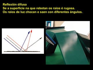 Reflexión difusa
Se a superficie na que rebotan os raios é rugosa.
Os raios de luz chocan e saen con diferentes ángulos.
 