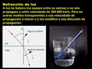 Refracción da luz
A luz no baleiro (no espazo entre os astros) e no aire
propágase a unha velocidade de 300.000 km/s. Pero en
outros medios transparentes a súa velocidade de
propagación é menor e a luz modifica a súa dirección de
propagación.
 