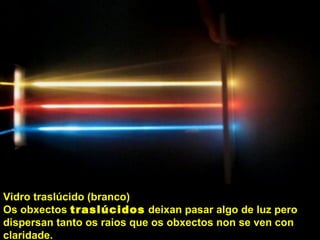 Vidro traslúcido (branco)
Os obxectos traslúcidos deixan pasar algo de luz pero
dispersan tanto os raios que os obxectos non se ven con
claridade.
 