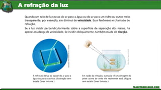 Giphotostock
/
Photo
Researchers,
Inc.
/
Latinstock
Adilson
Secco
/
Arquivo
Da
Editora
A refração da luz ao passar do ar para a
água ou para o acrílico. (Ilustração sem
escala.Cores fantasia.)
Em razão da refração, a pessoa vê uma imagem do
peixe acima de onde ele realmente está. (Figura
sem escala. Cores fantasia.)
Quando um raio de luz passa do ar para a água ou do ar para um vidro ou outro meio
transparente, por exemplo, ele diminui de velocidade. Esse fenômeno é chamado de
refração.
Se a luz incidir perpendicularmente sobre a superfície de separação dos meios, há
apenas mudança de velocidade. Se incidir obliquamente, também muda de direção.
A refração da luz
 