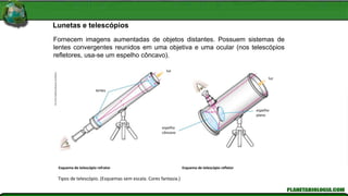 Lunetas e telescópios
Fornecem imagens aumentadas de objetos distantes. Possuem sistemas de
lentes convergentes reunidos em uma objetiva e uma ocular (nos telescópios
refletores, usa-se um espelho côncavo).
Tipos de telescópio. (Esquemas sem escala. Cores fantasia.)
Esquema de telescópio refletor
Kln
Artes
Gráficas/Arquivo
Da
Editora
luz
lentes
Esquema de telescópio refrator
luz
espelho
plano
espelho
côncavo
 