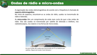 A organização das ondas eletromagnéticas de acordo com a frequência é chamada de
espectro eletromagnético.
No início do espectro, encontram-se as ondas de rádio, usadas na transmissão de
rádio e televisão.
As micro-ondas têm um comprimento de onda mais curto do que o das ondas de
rádio. Elas são usadas na transmissão por satélite de televisão e telefone, nos
radiotelescópios, nos radares e nos fornos de micro-ondas.
As micro-ondas são usadas para transmissões de TV ou telefonia por
satélites. (Figura sem escala. Cores fantasia.)
Adilson
Secco/Arquivo
Da
Editora
satélite
micro-ondas
antenas
Ondas de rádio e micro-ondas
 