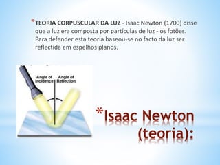 *TEORIA CORPUSCULAR DA LUZ - Isaac Newton (1700) disse 
que a luz era composta por partículas de luz - os fotões. 
Para defender esta teoria baseou-se no facto da luz ser 
reflectida em espelhos planos. 
*Isaac Newton 
(teoria): 
 