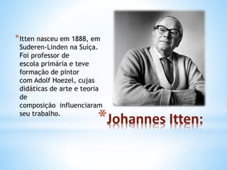 *Itten nasceu em 1888, em 
Suderen-Linden na Suíça. 
Foi professor de 
escola primária e teve 
formação de pintor 
com Adolf Hoezel, cujas 
didáticas de arte e teoria 
de 
composição influenciaram 
seu trabalho. 
*Johannes Itten: 
 