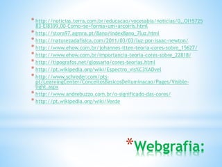 * http://noticias.terra.com.br/educacao/vocesabia/noticias/0,,OI15725 
83-EI8399,00-Como+se+forma+um+arcoiris.html 
* http://stora97.agmra.pt/8ano/index8ano_7luz.html 
* http://naturezadafisica.com/2011/03/03/luz-por-isaac-newton/ 
* http://www.ehow.com.br/johannes-itten-teoria-cores-sobre_15627/ 
* http://www.ehow.com.br/importancia-teoria-cores-sobre_22818/ 
* http://tipografos.net/glossario/cores-teorias.html 
* http://pt.wikipedia.org/wiki/Espectro_vis%C3%ADvel 
* http://www.schreder.com/pts-pt/ 
LearningCenter/ConceitosBasicosDeIluminacao/Pages/Visible-light. 
aspx 
* http://www.andrebuzzo.com.br/o-significado-das-cores/ 
* http://pt.wikipedia.org/wiki/Verde 
*Webgrafia: 
