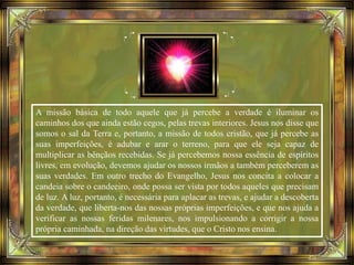 A missão básica de todo aquele que já percebe a verdade é iluminar os
caminhos dos que ainda estão cegos, pelas trevas interiores. Jesus nos disse que
somos o sal da Terra e, portanto, a missão de todos cristão, que já percebe as
suas imperfeições, é adubar e arar o terreno, para que ele seja capaz de
multiplicar as bênçãos recebidas. Se já percebemos nossa essência de espíritos
livres, em evolução, devemos ajudar os nossos irmãos a também perceberem as
suas verdades. Em outro trecho do Evangelho, Jesus nos concita a colocar a
candeia sobre o candeeiro, onde possa ser vista por todos aqueles que precisam
de luz. A luz, portanto, é necessária para aplacar as trevas, e ajudar a descoberta
da verdade, que liberta-nos das nossas próprias imperfeições, e que nos ajuda a
verificar as nossas feridas milenares, nos impulsionando a corrigir a nossa
própria caminhada, na direção das virtudes, que o Cristo nos ensina.
 