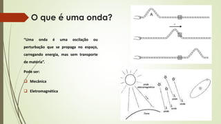 O que é uma onda? 
“Uma onda é uma oscilação ou 
perturbação que se propaga no espaço, 
carregando energia, mas sem transporte 
de matéria”. 
Pode ser: 
 Mecânica 
 Eletromagnética 
 