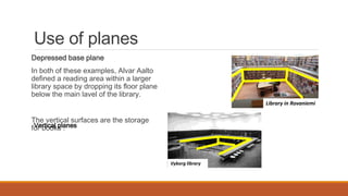 Use of planes
Depressed base plane
In both of these examples, Alvar Aalto
defined a reading area within a larger
library space by dropping its floor plane
below the main lavel of the library.
The vertical surfaces are the storage
for books .
Vyborg library
Library in Rovaniemi
Vertical planes
 