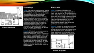 Planos de planta
Planta Baja
Casa: El acceso en planta baja se realiza
por medio de una escalera de piedra que
lleva a la parte central, una vez dentro de
la casa estamos en el vestíbulo que
contiene las escaleras principales.
Posterior a éste se encuentra el salón.
Hacia la izquierda tenemos el comedor.
También cuenta con la cocina y con una
habitación de servicio. El comedor tiene
una puerta que da hacia un pequeño
salón de desayuno que se localiza en
una terraza, bajo un porche, que
sobresale en la esquina de la planta.
Ésta da hacia la parte trasera de la casa
donde se encuentra un jardín.
Estudio: Al estudio se accede mediante
el vestíbulo principal que da a la
recepción del mismo, aunque también se
tiene acceso directo desde el salón. Este
se encuentra elevado aprox. 0.50m del
nivel normal en suelo dentro de la casa,
por lo que existe una clara separación
entre el área de estudio y el de la casa.
El área de trabajo se despliega en doble
altura, con una ventana amplia en la
esquina, mirando al jardín que rodea la
mesa de Aalto
Planta alta
Casa: Subiendo la escalera nos
encontramos con el segundo piso de la
casa, que también se encuentra dividido
entre el estudio y la zona de vivienda. Al
llegar a la parte central nos encontramos
con un pequeño vestíbulo que reparte
hacia las habitaciones con baño. La
planta cuenta con dos terrazas
separadas en la parte que da hacia el
jardín y el acceso al estudio
Estudio: Ya sea por la escalera principal
o por la escalera del privado, se tiene
acceso al desván de la parte superior del
estudio a doble altura. Este sitio es un
lugar que cuenta con una mesa como
lugar íntimo para realizar los proyectos.
Planos de planta
 