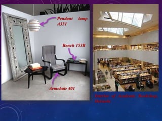 Pendant lamp
A331
Armchair 401
Bench 153B
Interior of Academic Bookshop,
Helsinki
 