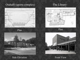 Otahalli (sports complex)
Plan
Side Elevation
The Library
Plan
Front View
 