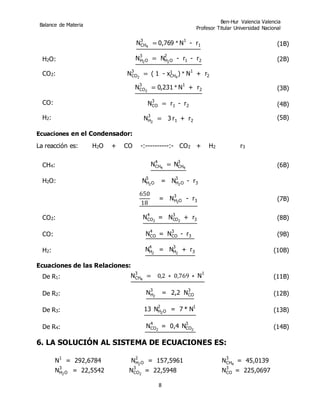 Balance de Materia
Ben-Hur Valencia Valencia
Profesor Titular Universidad Nacional
8
NCH4
3
= 0,769 * N
1
- r1 (1B)
H2O: N...