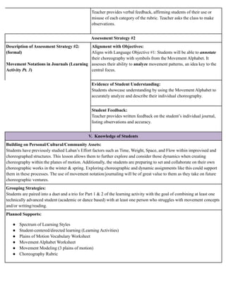 Teacher provides verbal feedback, affirming students of their use or
misuse of each category of the rubric. Teacher asks the class to make
observations.
Assessment Strategy #2
Description of Assessment Strategy #2:
(formal)
Movement Notations in Journals (Learning
Activity Pt. 3)
Alignment with Objectives:
Aligns with Language Objective #1: Students will be able to annotate
their choreography with symbols from the Movement Alphabet. It
assesses their ability to analyze movement patterns, an idea key to the
central focus.
Evidence of Student Understanding:
Students showcase understanding by using the Movement Alphabet to
accurately analyze and describe their individual choreography.
Student Feedback:
Teacher provides written feedback on the student’s individual journal,
listing observations and accuracy.
V. Knowledge of Students
Building on Personal/Cultural/Community Assets:
Students have previously studied Laban’s Effort factors such as Time, Weight, Space, and Flow within improvised and
choreographed structures. This lesson allows them to further explore and consider those dynamics when creating
choreography within the planes of motion. Additionally, the students are preparing to set and collaborate on their own
choreographic works in the winter & spring. Exploring choreographic and dynamic assignments like this could support
them in these processes. The use of movement notation/journaling will be of great value to them as they take on future
choreographic ventures.
Grouping Strategies:
Students are paired into a duet and a trio for Part 1 & 2 of the learning activity with the goal of combining at least one
technically advanced student (academic or dance based) with at least one person who struggles with movement concepts
and/or writing/reading.
Planned Supports:
● Spectrum of Learning Styles
● Student-centered/directed learning (Learning Activities)
● Plains of Motion Vocabulary Worksheet
● Movement Alphabet Worksheet
● Movement Modeling (3 plains of motion)
● Choreography Rubric
 