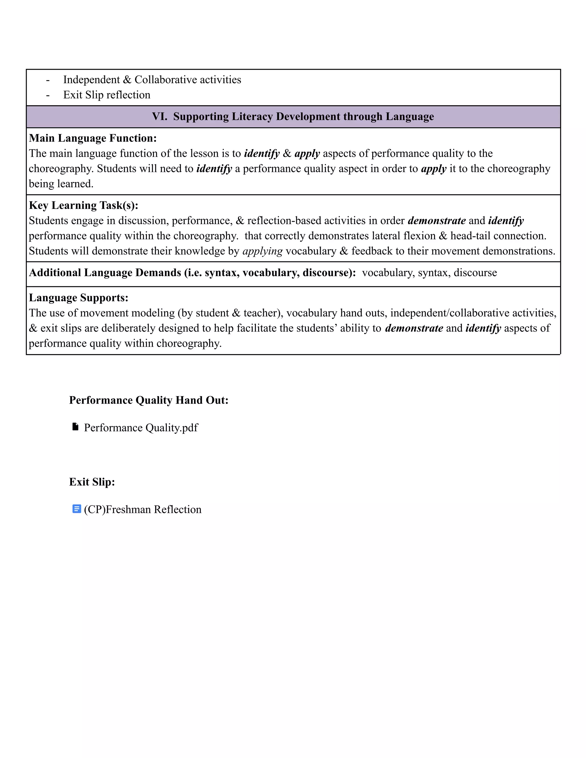 - Independent & Collaborative activities
- Exit Slip reflection
VI. Supporting Literacy Development through Language
Main Language Function:
The main language function of the lesson is to identify & apply aspects of performance quality to the
choreography. Students will need to identify a performance quality aspect in order to apply it to the choreography
being learned.
Key Learning Task(s):
Students engage in discussion, performance, & reflection-based activities in order demonstrate and identify
performance quality within the choreography. that correctly demonstrates lateral flexion & head-tail connection.
Students will demonstrate their knowledge by applying vocabulary & feedback to their movement demonstrations.
Additional Language Demands (i.e. syntax, vocabulary, discourse): vocabulary, syntax, discourse
Language Supports:
The use of movement modeling (by student & teacher), vocabulary hand outs, independent/collaborative activities,
& exit slips are deliberately designed to help facilitate the students’ ability to demonstrate and identify aspects of
performance quality within choreography.
Performance Quality Hand Out:
Performance Quality.pdf
Exit Slip:
(CP)Freshman Reflection
 