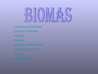 Biomas ·  Concepto de Ambiente               ·  Bosques Tropicales ·  Pradera ·  Desierto ·  Bosques Mediterráneos ·  Bosques Caducifolio ·  Tundra ·  Zonas Polares ·  Selva 