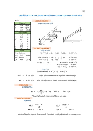 Datos:
f'c
f'y
ɣ
b
P
CP
L
h
B
H
Acab
S/C
=
=
=
=
= MuP =
1
*Momento Negativo y Positivo Generado en la Viga,esta se considera Empotrado en ambos extremos.
119
WD 0.836 Tn/m *Carga Aplicada en en toda la Longitud de la Escalera(Viga).
WL 0.700 Tn/m *Carga Viva Soportada en toda la Longitud de la Escalera (Viga).
N° Peld
Momentos
MuN 1.838 Tn 0.919 Tn
Cargas Finales
CARGA ULTIMA
Wu 2.451 Tn/m
Diseño de la Seccion
*Carga Aplicada a la Escalera.En el Diseño de la Viga.
Carga Viva
SobreCarga(S/C)
P(Total Peldaños) 1.428 Tn
W(Peld. En Viga) 0.476 Tn/m
W(1 Peldaño) 0.102 Tn/m
10
Live Staircase W(P.Peldaños) 0.072 Tn/m
500 kg/m2 W(Acabados) 0.030 Tn/m
0.360 Tn/m
100 kg/m2
0.60 m METRADO DE CARGAS
Loads Carga Muerta
Dead Staircase W(P.P. Viga)
3 m
1.2 m
0.25 m
0.3 m
0.1 m
175 kg/cm2
4200 kg/cm2
2.4 tn/m3
DISEÑO DE ESCALERA APOYADA TRANSVERSALMENTE/EN VOLADIZO-VIGA
MODELOS GRAFICOS
Material MODELO GEOMETRICO
Dimensiones
1.4 m
2.4 ∗ 0.25 ∗ 0.60
0.1 ∗ 0.30
MuN
2.451 ∗ 3
12
Mu
2.451 ∗ 3
24
1.4
cos
1.7
2.4 ∗ 0.10 ∗ 0.30
0.5 0.30 1.4 10 /3
 