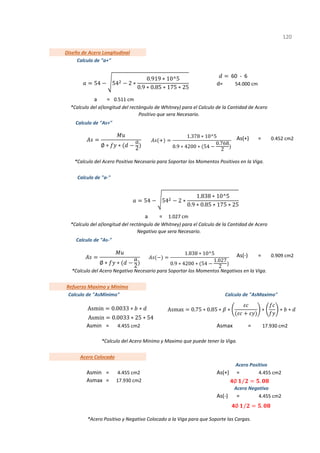 d=
=
As(+) =
=
As(-) =
Asmin = Asmax =
Asmin = As(+) =
Asmax =
As(-) =
1
*Calculo del a(longitud del rectángulo de Whitney) para el Calculo de la Cantidad de Acero
Negativo que sera Necesario.
4.455 cm2
*Acero Positivo y Negativo Colocado a la Viga para que Soporte las Cargas.
Acero Colocado
Acero Positivo
4.455 cm2 4.455 cm2
17.930 cm2
Acero Negativo
Calculo de "AsMaximo"
4.455 cm2 17.930 cm2
*Calculo del Acero Minimo y Maximo que puede tener la Viga.
120
*Calculo del Acero Positivo Necesario para Soportar los Momentos Positivos en la Viga.
*Calculo del a(longitud del rectángulo de Whitney) para el Calculo de la Cantidad de Acero
Positivo que sera Necesario.
Diseño de Acero Longitudinal
Calculo de "a+"
*Calculo del Acero Negativo Necesario para Soportar los Momentos Negativos en la Viga.
Refuerzo Maximo y Minimo
Calculo de "AsMinimo"
Calculo de "As-"
0.909 cm2
a 1.027 cm
Calculo de "a-"
Calculo de "As+"
0.452 cm2
54.000 cm
a 0.511 cm
54 54 2 ∗
0.919 ∗ 10^5
0.9 ∗ 0.85 ∗ 175 ∗ 25
60 - 6
∅ ∗ ∗
2
1.378 ∗ 10^5
0.9 ∗ 4200 ∗ 54
0.768
2
54 54 2 ∗
1.838 ∗ 10^5
0.9 ∗ 0.85 ∗ 175 ∗ 25
∅ ∗ ∗ 2
1.838 ∗ 10^5
0.9 ∗ 4200 ∗ 54
1.027
2
Asmin 0.0033 ∗ ∗
Asmin 0.0033 ∗ 25 ∗ 54
Asmax 0.75 ∗ 0.85 ∗ ∗ ∗ ∗ ∗
4∅ ⁄ .
4∅ ⁄ .
 