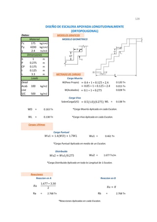 Datos:
f'c
f'y
ɣ
b
P
CP
t
L
Acab
S/C
WL =
=
=
=
=
= =
1
*Reacciones Aplicadas en cada Escalon.
*Carga Distribuida Aplicada en toda la Longitud de 1 Escalon.
Reacciones
Reaccion en A Reaccion en B
Ra 2.768 Tn Rb 2.768 Tn
128
WD 0.163 Tn *Carga Muerta Aplicada en cada Escalon.
WL 0.138 Tn *Carga Viva Aplicada en cada Escalon.
Carga Puntual
Cargas Ultimas
Wu1 0.461 Tn
Distribuida
Wu2 1.677 Tn/m
*Carga Puntual Aplicada en medio de un Escalon.
Carga Viva
SobreCarga(S/C) 0.138 Tn
500 kg/m2
Live W(Acabados) 0.028 Tn
Dead W(Peso Propio) 0.120 Tn
100 kg/m2 0.015 Tn
0.125 m
3.3 m METRADO DE CARGAS
Loads Carga Muerta
0.275 m
0.175 m
175 kg/cm2
4200 kg/cm2
2.4 tn/m3
DISEÑO DE ESCALERA APOYADA LONGITUDINALMENTE
(ORTOPOLIGONAL)
MODELOS GRAFICOS
Material MODELO GEOMETRICO
Dimensiones
1 m
0.4 ∗ 1 ∗ 0.125 ∗ 2.4
0.05 ∗ 1 ∗ 0.125 ∗ 2.4
0.5 1.0 0.275
1 1.4 1.7
2 1/0.275
0.1 ∗ 1 ∗ 0.275
1.677 ∗ 3.30
2
 