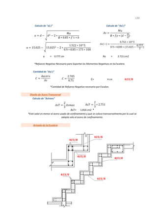 = =
C=
AsT= *
1
130
*Refuerzo Negativo Necesario para Soportar los Momentos Negativos en la Escalera.
*Cantidad de Refuerzo Negativo necesario por Escalon.
*Este valor es menor al acero usado de confinamiento y que se coloca transversalmente,por lo cual se
adopta solo el acero de confinamiento.
Calculo de "a(-)" Calculo de "As(-)"
Armado de la Escalera
1.810 cm2
4 cm
Diseño de Acero Transversal
Calculo de "Astrans"
a 0.777 cm As 2.715 cm2
Cantidad de "As(-)"
2
3
A
2
3
∗ 2.751
2 ∗
∅ ∗ 0.85 ∗ ∗
15.025 15.025 2 ∗
1.522 ∗ 10^5
0.9 ∗ 0.85 ∗ 175 ∗ 100
∅ ∗ ∗
2
0.761 ∗ 10^5
0.9 ∗ 4200 ∗ 15.025
0.777
2
2.705
0.71 ∅ /
∅ /
∅ /
∅ /
∅ /
∅ /
∅ /
 