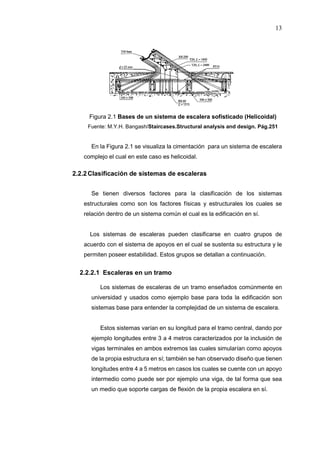 13
Figura 2.1 Bases de un sistema de escalera sofisticado (Helicoidal)
Fuente: M.Y.H. Bangash/Staircases.Structural analysis and design. Pág.251
En la Figura 2.1 se visualiza la cimentación para un sistema de escalera
complejo el cual en este caso es helicoidal.
2.2.2Clasificación de sistemas de escaleras
Se tienen diversos factores para la clasificación de los sistemas
estructurales como son los factores físicas y estructurales los cuales se
relación dentro de un sistema común el cual es la edificación en sí.
Los sistemas de escaleras pueden clasificarse en cuatro grupos de
acuerdo con el sistema de apoyos en el cual se sustenta su estructura y le
permiten poseer estabilidad. Estos grupos se detallan a continuación.
2.2.2.1 Escaleras en un tramo
Los sistemas de escaleras de un tramo enseñados comúnmente en
universidad y usados como ejemplo base para toda la edificación son
sistemas base para entender la complejidad de un sistema de escalera.
Estos sistemas varían en su longitud para el tramo central, dando por
ejemplo longitudes entre 3 a 4 metros caracterizados por la inclusión de
vigas terminales en ambos extremos las cuales simularían como apoyos
de la propia estructura en sí; también se han observado diseño que tienen
longitudes entre 4 a 5 metros en casos los cuales se cuente con un apoyo
intermedio como puede ser por ejemplo una viga, de tal forma que sea
un medio que soporte cargas de flexión de la propia escalera en sí.
 