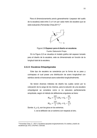 18
Para el dimensionamiento previo generalmente t (espesor del cuello
de la escalera) está entre 3 a 4 cm por cada metro de escalera que se
está evaluando (Fernandez Chea,2011).6
Figura 2.8 Espesor para el diseño en escaleras
Fuente: Elaboración Propia
En la Figura 2.8 se visualiza el modelo grafico del espesor tomado
para el diseño de la escalera, este es dimensionado en función de la
longitud total de la escalera.
2.2.2.3 Escaleras Ortopoligonales
Este tipo de escalera se caracteriza por la forma de su paso y
contrapaso el cual posee una distribución de acero longitudinal con
estribos siendo el transversal acero extendido longitudinalmente.
Se tienen diversos métodos de diseño los cuales varían por la
colocación de la carga de los mismos, para la solución de una escalera
ortopoligonal se considera como si no estuviera perfectamente
empotrada, según el método de deflexiones angulares se tiene:
=
2
(2 + −
3
)
=
2
(2 + −
3
)
Donde: y son los giros en los extremos.
, es la deflexión de un extremo con respecto al otro.
6
Fernandez Chea, C.. (2011). Escaleras apoyadas longitudinalmente. En análisis y diseño de
escaleras (pp. 6-9). Lima-Peru: Ciencias.
 