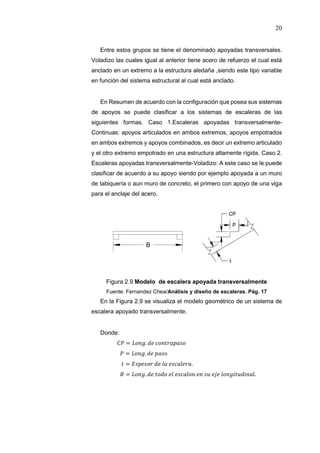 20
Entre estos grupos se tiene el denominado apoyadas transversales.
Voladizo las cuales igual al anterior tiene acero de refuerzo el cual está
anclado en un extremo a la estructura aledaña ,siendo este tipo variable
en función del sistema estructural al cual está anclado.
En Resumen de acuerdo con la configuración que posea sus sistemas
de apoyos se puede clasificar a los sistemas de escaleras de las
siguientes formas. Caso 1.Escaleras apoyadas transversalmente-
Continuas: apoyos articulados en ambos extremos, apoyos empotrados
en ambos extremos y apoyos combinados, es decir un extremo articulado
y el otro extremo empotrado en una estructura altamente rígida. Caso 2.
Escaleras apoyadas transversalmente-Voladizo: A este caso se le puede
clasificar de acuerdo a su apoyo siendo por ejemplo apoyada a un muro
de tabiquería o aun muro de concreto, el primero con apoyo de una viga
para el anclaje del acero.
Figura 2.9 Modelo de escalera apoyada transversalmente
Fuente: Fernandez Chea/Análisis y diseño de escaleras. Pág. 17
En la Figura 2.9 se visualiza el modelo geométrico de un sistema de
escalera apoyado transversalmente.
Donde:
- = .
- = .
- = .
- = . .
 