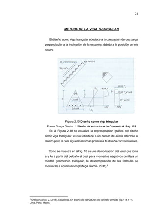 21
METODO DE LA VIGA TRIANGULAR
El diseño como viga triangular obedece a la colocación de una carga
perpendicular a la inclinación de la escalera, debido a la posición del eje
neutro.
Figura 2.10 Diseño como viga tringular
Fuente Ortega Garcia, J. /Diseño de estructuras de Concreto A. Pág. 118
En la Figura 2.10 se visualiza la representación gráfica del diseño
como viga triangular, el cual obedece a un cálculo de acero diferente al
clásico pero el cual sigue las mismas premisas de diseño convencionales.
Como se muestra en la Fig. 10 es una demostración del valor que toma
a y As a partir del peldaño el cual para momentos negativos conlleva un
modelo geométrico triangular, la descomposición de las formulas se
mostraran a continuación (Ortega Garcia, 2015).8
8
Ortega García, J. (2015). Escaleras. En diseño de estructuras de concreto armado (pp.118-119).
Lima, Perú: Macro.
 