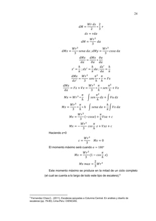 24
=
2
∗
2
3
=
=
3
=
3
; =
3
= ∗
=
ℎ
; =
ℎ
; =
ℎ
=
3 ℎ
∗
ℎ
=
= + =
3
∗
ℎ
∗
ℎ
+
= ∗
ℎ ℎ
+
=
3
∗
ℎ
∗ ℎ +
ℎ
=
3
(− ) +
ℎ
+
= −
3 ℎ
+ +
Haciendo z=0
=
3
= 0
El momento máximo será cuando = 180°
=
3
(1 −
ℎ
)
=
2
3
Este momento máximo se produce en la mitad de un ciclo completo
(el cual se cuenta a lo largo de todo este tipo de escalera).9
9
Fernandez Chea,C.. (2011). Escaleras apoyadas a Columna Central. En análisis y diseño de
escaleras (pp. 79-80). Lima-Peru: CIENCIAS.
 