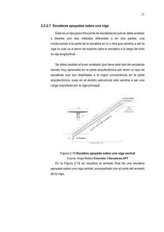 31
2.2.2.7 Escaleras apoyadas sobre una viga
Este es un tipo poco frecuente de escaleras la cual se debe analizar
y diseñar con dos métodos diferentes o en dos partes, una
involucrando a la parte de la escalera en sí y otra que vendría a ser la
viga la cual va a servir de soporte para la escalera a lo largo de todo
su eje longitudinal.
Se debe resaltar el buen acabado que tiene este tipo de escaleras
siendo muy apreciado en la parte arquitectónica por tener un tipo de
escaleras que son diseñadas a la mejor conveniencia en la parte
arquitectónica, pues en el ámbito estructural solo vendría a ser una
carga soportada por la viga principal.
Figura 2.16 Escalera apoyada sobre una viga central
Fuente: Angel Baldor/Concreto 1-Escaleras.UPT
En la Figura 2.16 se visualiza el armado final de una escalera
apoyada sobre una viga central, acompañado con el corte del armado
de la viga.
 